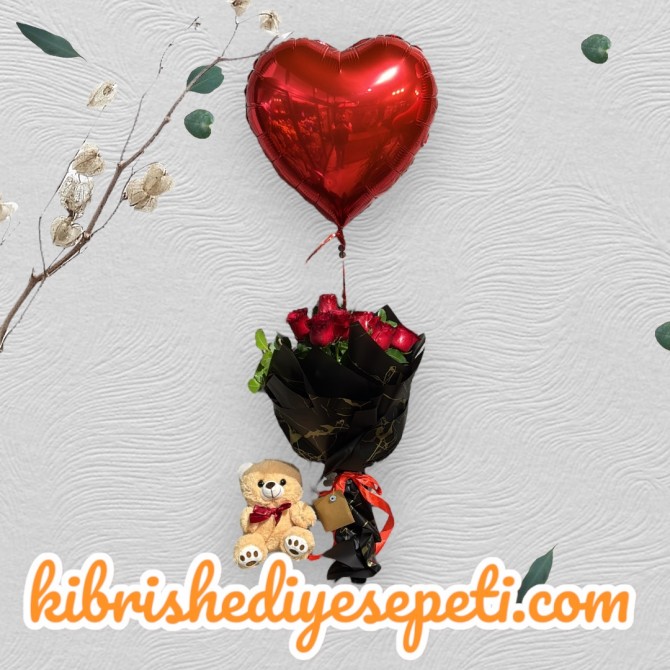 7 Kırmızı Gül Buketi Ayıcık ve Balon